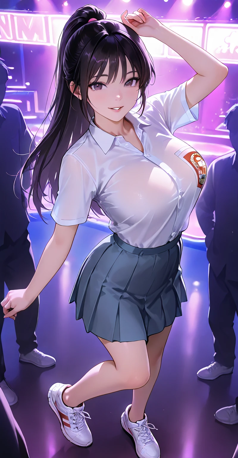 RAW, Best quality, high resolution, masterpiece: 1.3), Beautiful young indonesian girl with short wavy hair, showing one , big , sex pose, showing vagina, open legs showing vagina, porn, dildo on vagina, sensual body, muscular body, on the stage of a nightspot ((senior high school clothes)), orgasm, highres, 4k, HDR, 1girl, photorealistic, realistic, big breasts, short wavy hair, ((whole body)) turning away facial at viewer, closeup, public clubbing background, ARMPITS