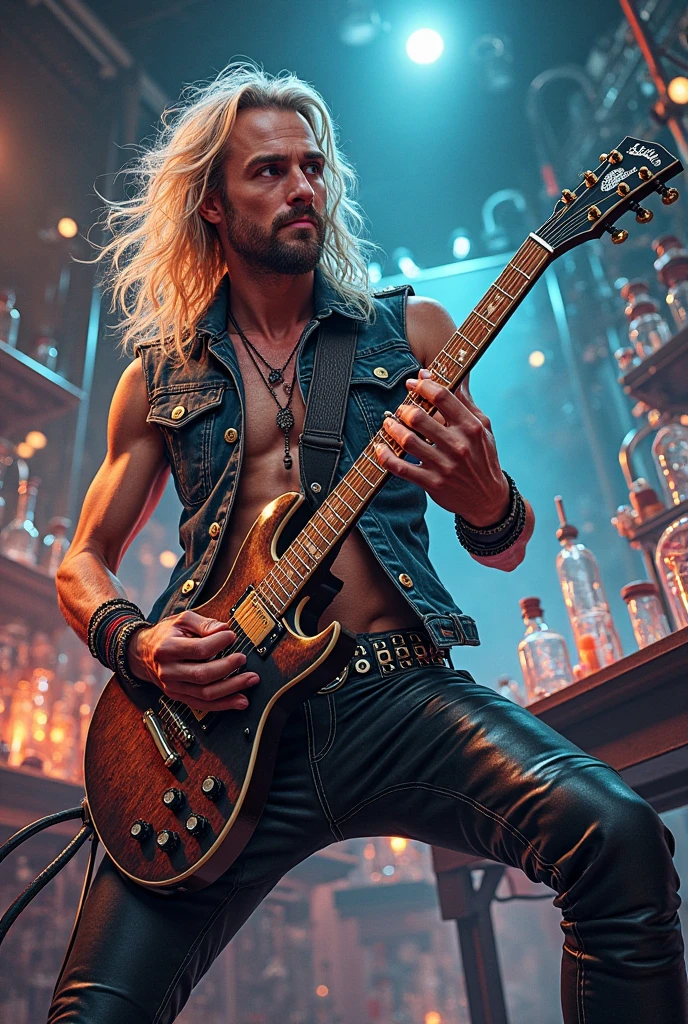 Title: "The Pyrodragon's Rock Concert: A Fiery Symphony of Musical Flames"
A realistic and detailed image unfolds, revealing a magnificent dragon perched on a large, boulder-encrusted stage. The dragon, adorned with shimmering scales that exude an ethereal glow, wields a custom-made, electric guitar BELOW his claws. He sports a pair of denim jeans, a ripped leather vest, and a rock star's iconic top hat, complete with a feather plume.
The dragon's eyes gleam with an intense focus, his fiery breath illuminating the stage as he strikes