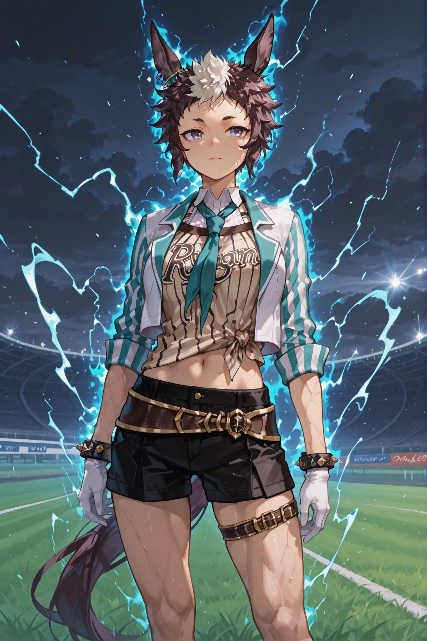 mejiro ryan (umamusume), two-tone jacket, white jacket, aqua jacket, cropped jacket, vertical-striped jacket, open jacket, sleeves rolled up, layered shirt, brown shirt, vertical-striped shirt, tied shirt, clothes writing, white shirt, collared shirt, aqua necktie, white gloves, black shorts, brown belt, thigh belt, spiked bracelet, midriff, navel, a cold condescending look, standing confidently on a grassy racetrack, surrounded by a blazing blue aura with swirling energy, dark stormy sky with a faint lightning glow, hair and outfit flowing in the wind, cinematic lighting, ultra-detailed, 4K resolution, Muscular legs that are thicker than the waist, yabuki, Enlarged muscles