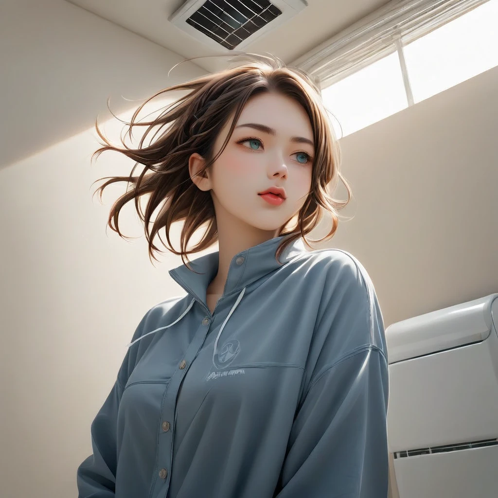 The personification of the air conditioner。It looks like a girl is blowing the cold wind so hard with her mouth