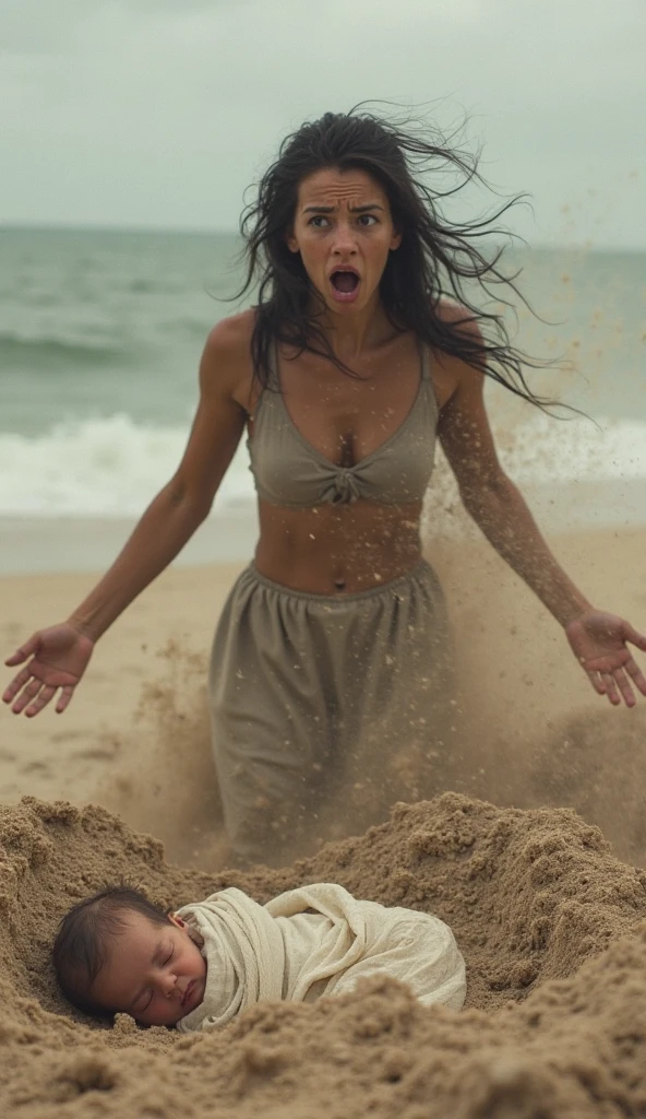 Filipina girl running screaming from cthulhu on the beach