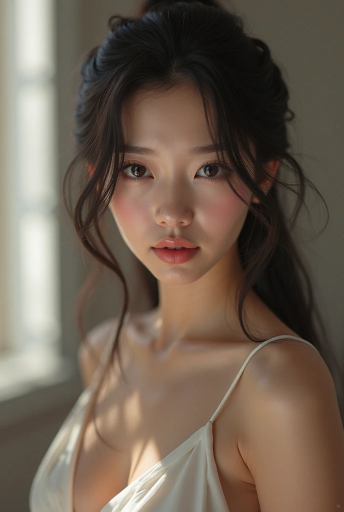 beautiful breasts, (cleavage), (ung girl), Black hair, 18yo, brown eyes, fair skin, sweet girl, cute idol, beautiful girl with beautiful details, (shiny pink lips:1.3), extremely detailed eye and face, (See-through lace costume with cute details and wide open breasts), Bare shoulders, (Bare chest, areola, nipples:1.35), Realistic, extremely detailed CG unified 8k wallpaper, ighly detailed, High-definition raw color photos, professional photograpy, Realistic portrait, Cinematic Light, Beautiful detailed, (Realistic skin:1.2), (Best Quality:1.4), Super Detail, High quality, Indoor, depth of fields,