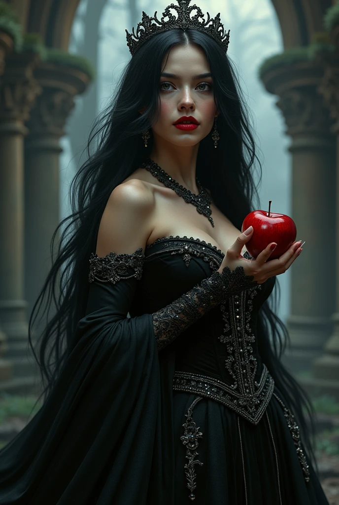 Girl,Black long hair，Black Queen，accessories，Apple in hand，Poison apples，Witch Queen，Red lipstick