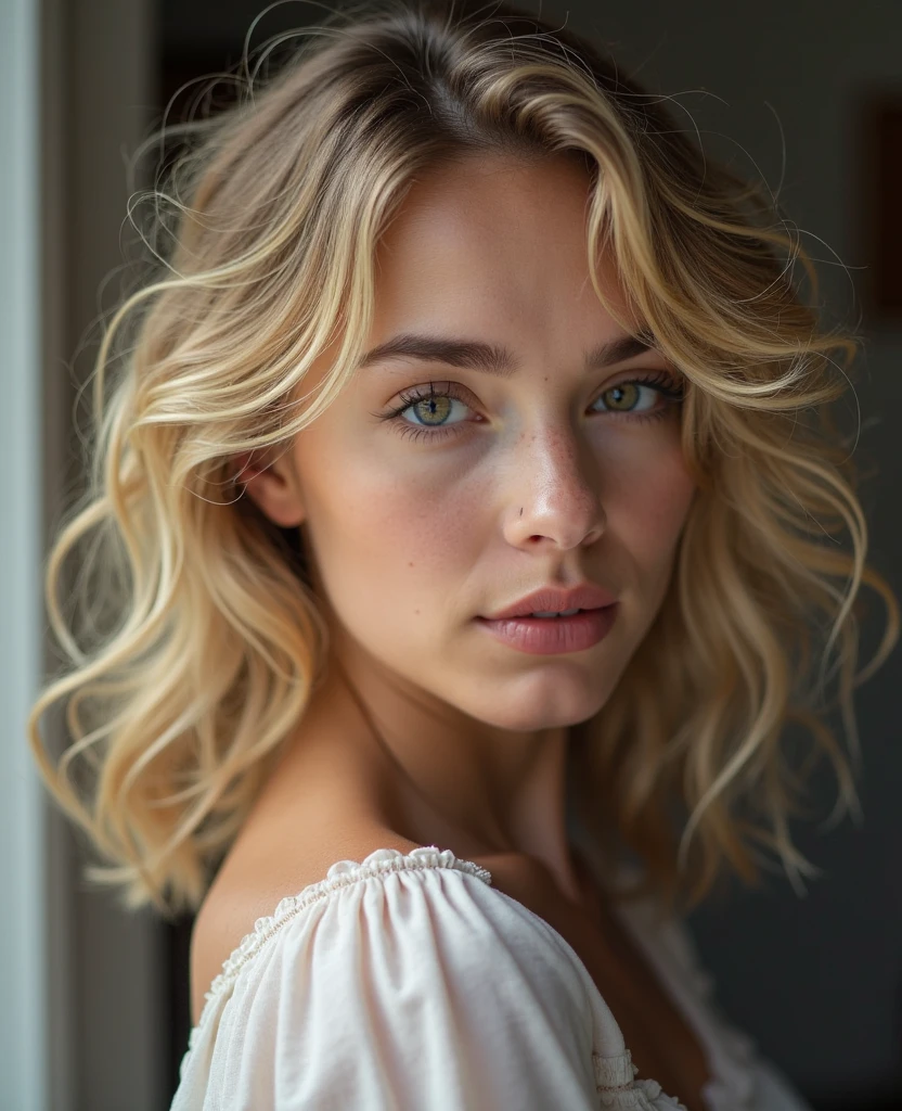 melancholy lighting, Quiet, chill out, luminance, tmasterpiece, Best quality, 1 sister, (Kim Kroll:1.2), (hyper realisitc:1.3), (tmasterpiece:1.4), Best quality, ((actual)), high high quality, ultra - detailed, ((Authentic images)), ((Realistic skin)), ((Realistic face)),(illuminations:1.05), (The beautiful:1.05), (The beautiful eyes:1.05), (light:1.1), Full body lesbian, Precise proportions, 18yo Girl, Thin model lying next to bed, SHORT BLONDE hair fluttering in the wind, gossamer, legs long, Open your feet slightly, Gluteus, The face is red, Very shy, clavicle, Abs, Double up braid, Beautiful and delicate face, Fair skin, dermiace details), pores, Ultra-high resolution, 8K, Parameters Best quality, tmasterpiece, Ultra-high resolution, (Reality 2.0), higher detailed, delicate skin, cleanness, Hefty Smile, white teeth, short blonde curly hair, perfect and well designed eyes, girlfriend, The beautiful, The beautiful, blossom flower, Studio lighting