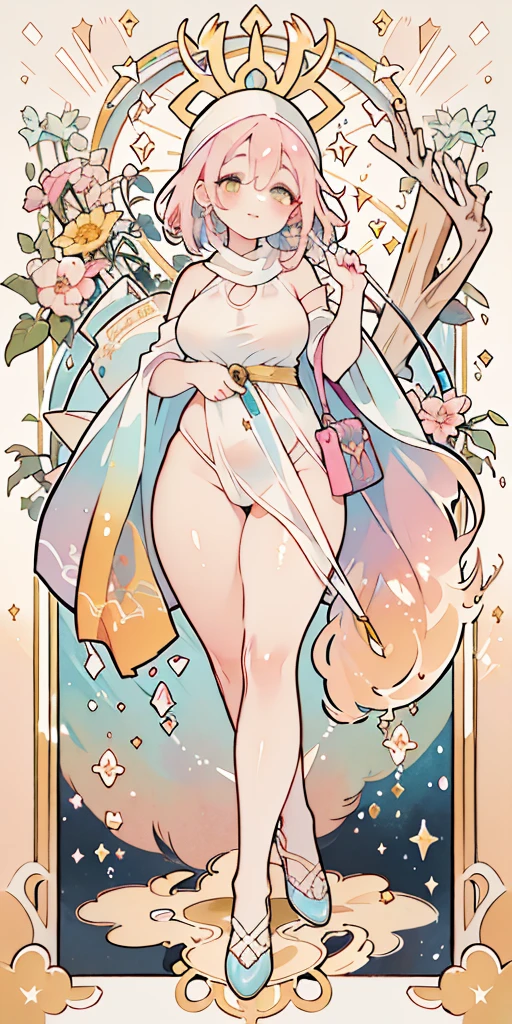 (((pink hair))), Mr.々hairstyle, merchant, absurdres, highres, ultra detailed, beautiful, masterpiece, best quality, (1girl:1.2), Medieval, ((tarot)), bard, dancer, bare bare shoulders, cane, sword, shield, crystal, Gather Dresses, coat four, ((Lightweight clothes, Backless cloths, hair chain, earrings, sunscreen, pumps, heel shoes, waist jewelry, belly chain, body accessories)), symbolism, Visual art, occult, universal, vision casting, philosophy, iconography, numerology, Popularity, art, Alphonse Mucha, perfect hands, perfect feet, (fullbody), myth, goddess, fold your hands in front of your chest, ((ultra-detailed face), (cute eyes), ((thicc)), Hair color gradient, accurate focus, (upturned eyes :1.5), long hair, yellow eyes, Beautiful Girls in Anime , ((purse your lips, Throw kiss, flirty smile)), (shiny body:1.8)、big breasts、full of embarrassment、(Ahegao:1.5)