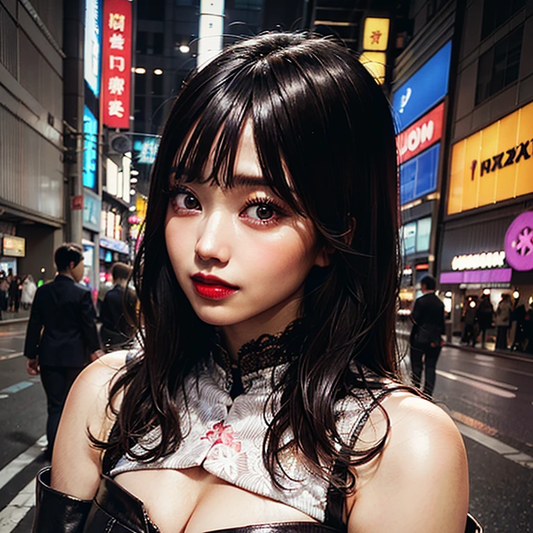 (masterpiece), best quality, ultra high res, close up, slim body, 1girl,, long hair, laughing, ramen, night, Tokyo restaurant background, colorful lights, photon mapping, radiosity, physically-based rendering, cinematic lighting, intricate, High Detail, Sharp focus, dramatic, photorealistic