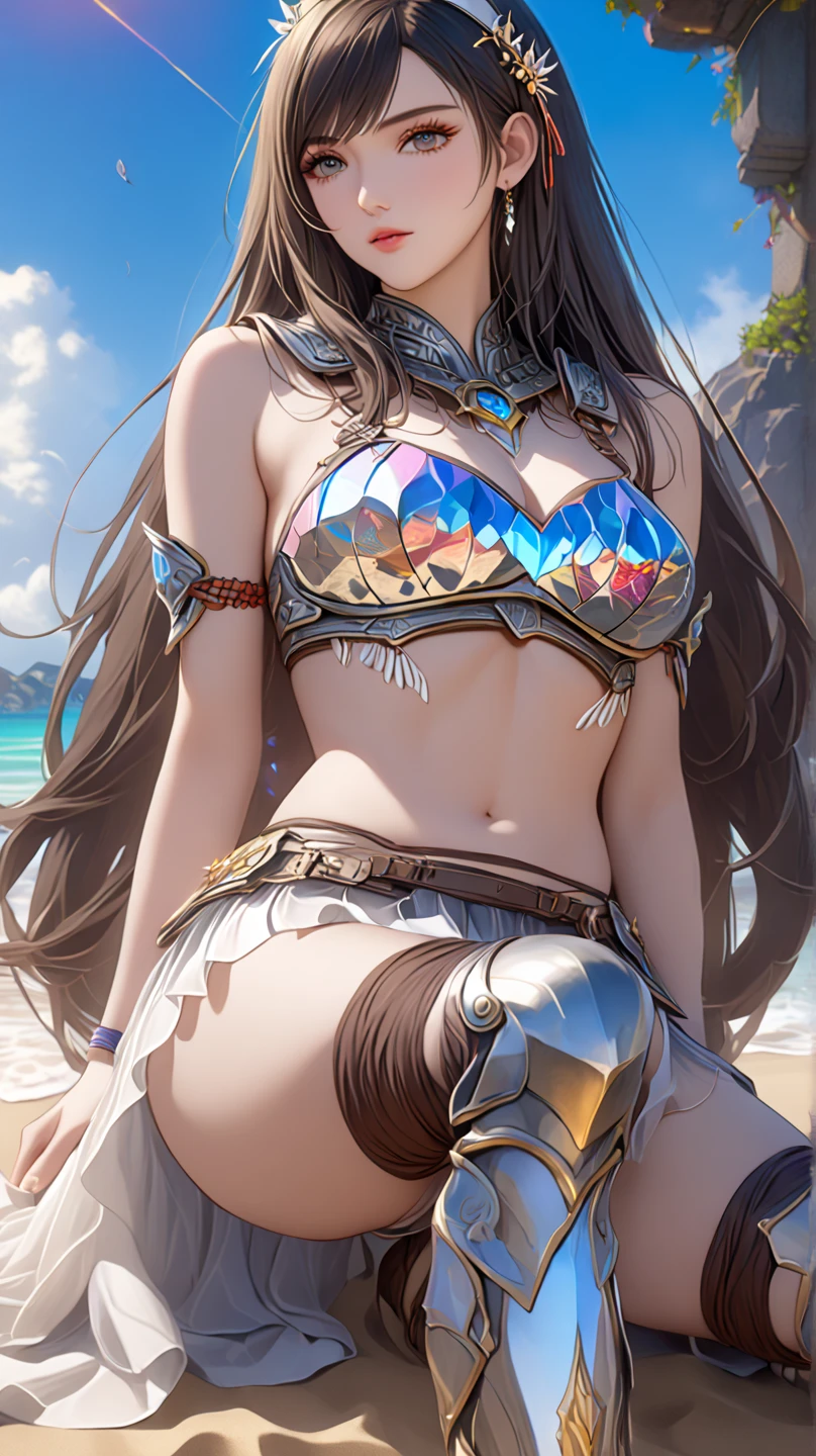 ,(best quality, ultra-detailed, realistic:1.37, masterpiece:1.2), woman, beautiful detailed eyes, beautiful detailed lips, brown hair tied up, smile, bikini armor, (muscular body:1.1),slim figure, caustics, textile shading, toned body, clean abs, palm trees swaying, Highly detailed colorful fancy armor and gauntlets,,desert