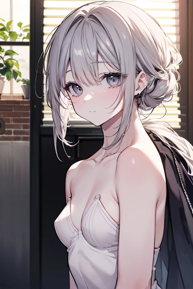 One girl, Pink bareback dress, ponytail ,Gray Hair, Purple eyes, Depth of written boundary, night, Particles of light, light, Side light, cloud