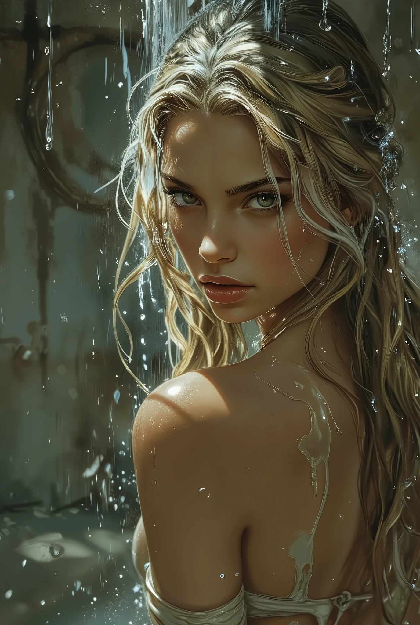 very sexy girl, long blonde hair, very small breasts, eroticism,in the shower, sexy, black and white image, between shadows, ??????, oil painting, chiaroscuro, sensual, dramatic lighting, moody atmosphere, dark and melancholic, expressionist, powerful composition, emotional impact, Art inspired by Bill Sienkiewicz
