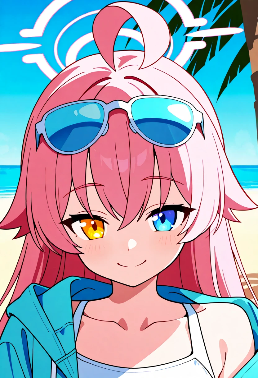 masterpiece, best quality, ultra-detailed, illustration, 1girl, (upper body:1.4), (looking at viewer:1.4), micro bikini, beautiful detailed eyes, beautiful detailed glow, lots of glow, seascape, beach, sand, <lora:hitori_bocchi:1>, hitori bocchi, selfie, medium breasts,