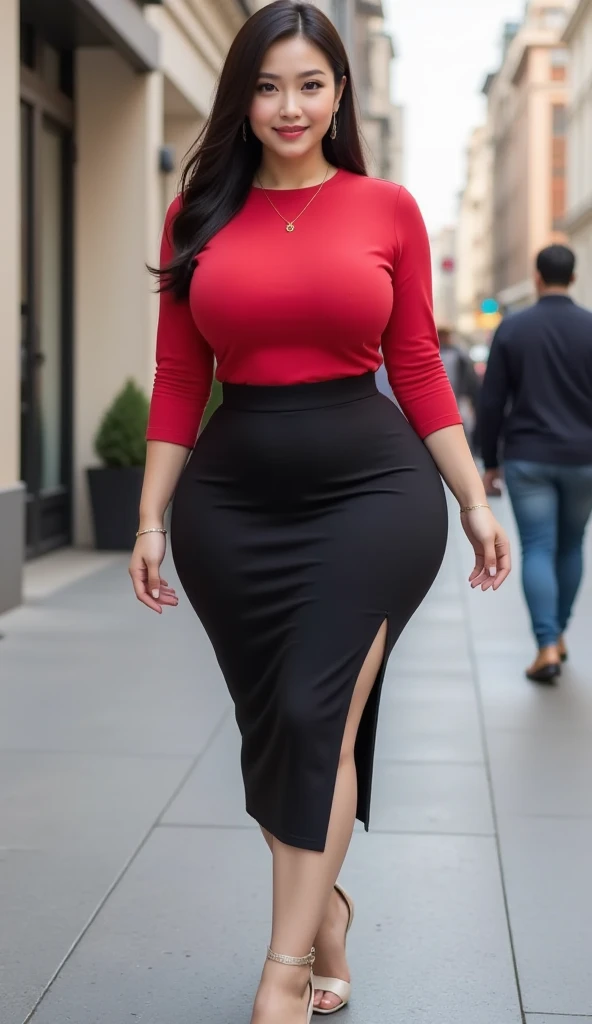 Stand outdoors，full-body shot，High heel， an asian japanese woman，red sweater dress, tight sweater，65 years old，big eyes，Elegant temperament Elegant temperament，best quality), current, (real picture,65 years old， There are intricate details, Depth of field contentVery detailed, It's a perfect face, Perfect body, large model, mature woman, High, Leg length, ，High heel，outdoor，bokeh，long eyelashes,Dark eye shadow，涂lipstick，Face with heavy makeup，Very detailed,middle aged woman,cosmetic, (lipstick: 1.1), (Eyeliner: 1.2), mascara, eye shadow, curly, ear nipple ring, necklace, nylon pantyhose, Wrinkles at the corners of the eyes, There are wrinkles at the corners of the mouth,