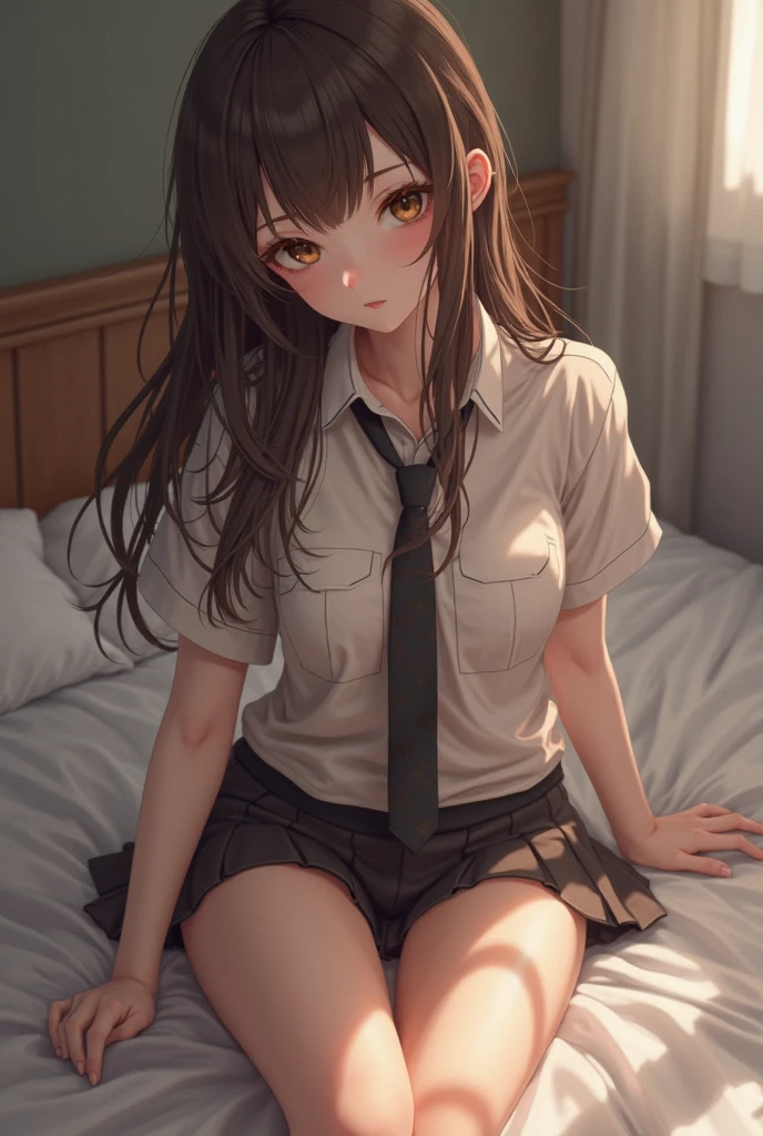 (masterpiece, highest quality:1.2), Complete human body, Perfect Anatomy, Bedroom, Cute S, Lustrous brown hair, Chibichara, too young girl, I want to caress you, Cute face, Lift up your shirt, Not wearing a bra, Small breasts, Small breasts, Immature breasts, The nipples and areola are pale pink., Flip up skirt, Not wearing panties, Showing off virgin pussy and anus, Boldly open your legs wide, Immoral Eros, Embodying the desire to tarnish purity, School uniforms are messed up,