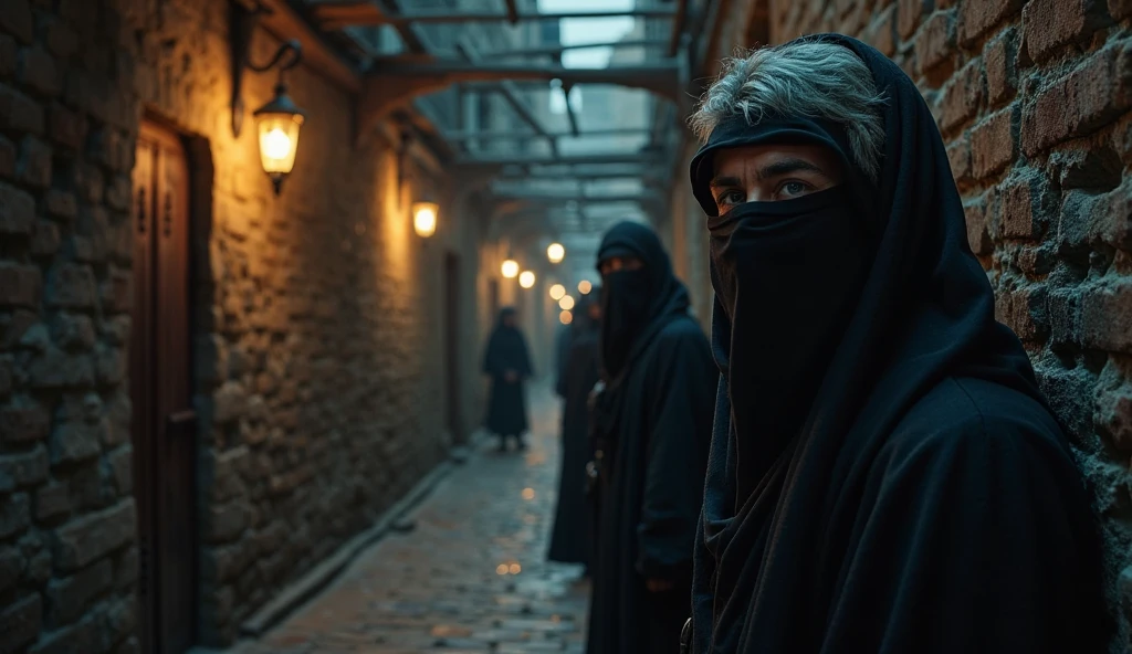In an oil painting measuring 9:16 this, The figure of a spy who will sneak into the fort is depicted in detail that emphasizes darkness and secrecy.. This spy figure is wearing all black clothes and a mask that covers most of his face., so that only the eyes were clearly visible—glittering with malice. He hides in the shadows or in the crevices of the fort., with a body position that is very careful and ready to move quickly if detected. Around him, The faint silhouettes of the fort&#39;s structures and the battlefield add to the tense atmosphere.. The background shows a dark night scene with lights from a distant fort., highlighting the contrast between shadow and light, sementara Safiyah binti Abdul Muthalib, In the foreground, appear alert and ready to face this threat.