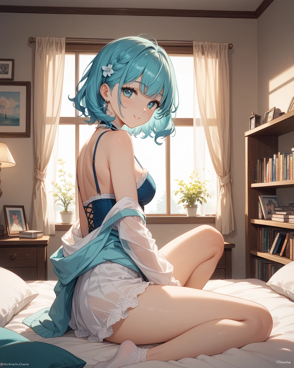 ((8k, Highest quality, masterpiece: 1.3)),Ultra-high resolution,(1 girl, alone), (Color changing eyes, Ultra-detailed, Expressive brilliance, Glitter, Glowing Eyes), Highly detailed eyes, Highly detailed face, Random Hair, ((pastel colour))A serene young woman with pastel teal hair styled into soft curls, sitting on a plush rug near her bed during a peaceful morning. She is wearing a delicate white bikini with lace detailing that subtly enhances her curves. The camera captures her from a low, eye-level angle as she sits in an "M" pose with (open legs:1.4), her hands gently resting on her ankles, her expression calm and reflective. The gentle morning light streams through the curtains, creating a tranquil and soothing ambiance, with minimalistic decor that emphasizes the serene and simple beauty of the scene.