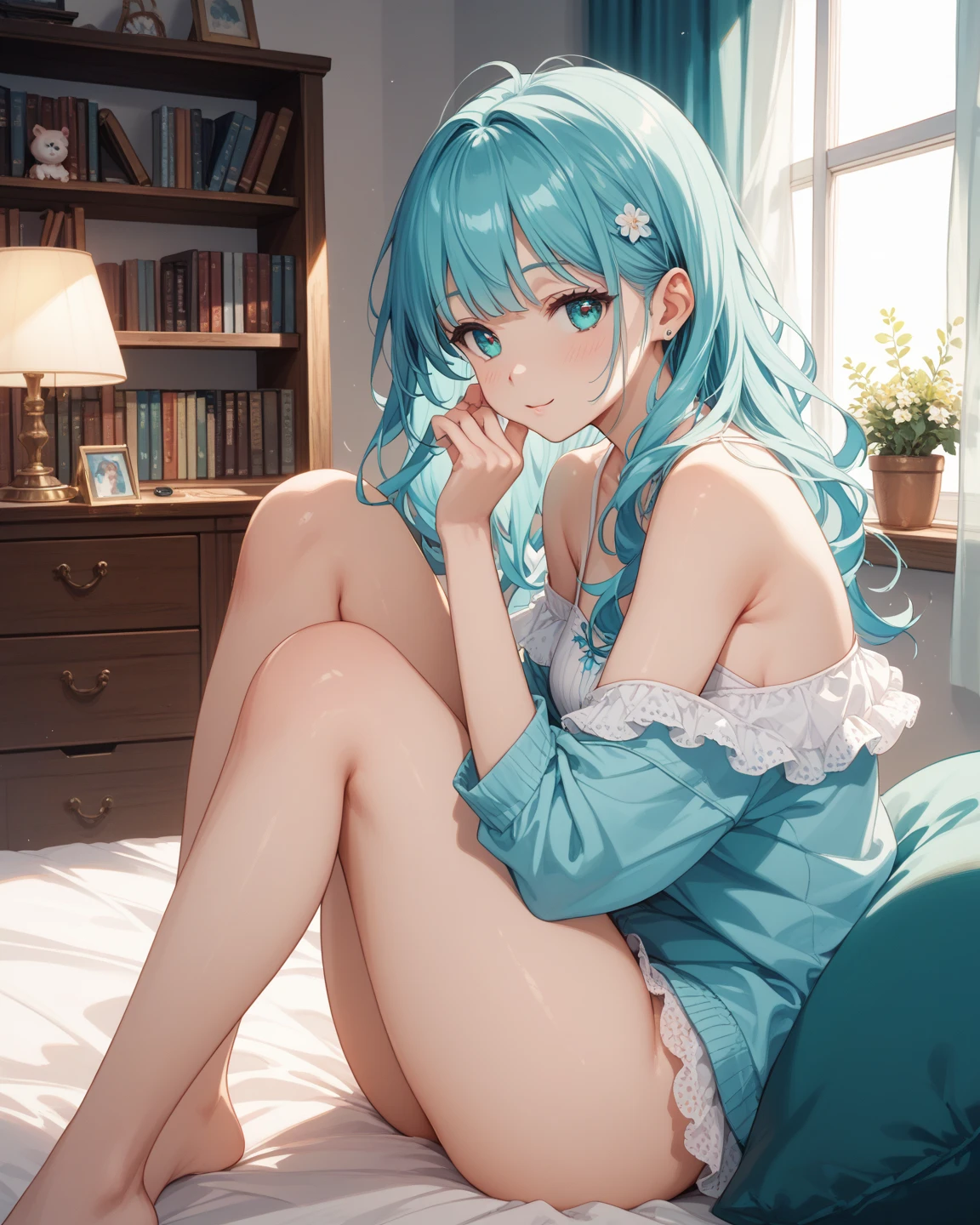 Anime Moe Art Style,highest quality,High resolution,Anatomically correct,One Girl,Mid-teens,A girl with light blue hair in a ponytail,Super detailed,Fantasy-style world,off shoulder tops,mini skirt,barefoot,Big Breasts,Cleavage,Laughing with your mouth open,Bright smile,A rich expression,Lying face down on a white bed,One leg bent,Spreading out a magazine,Eyes drawn in detail,hair ornaments,necklace,bracelet,ring,8K