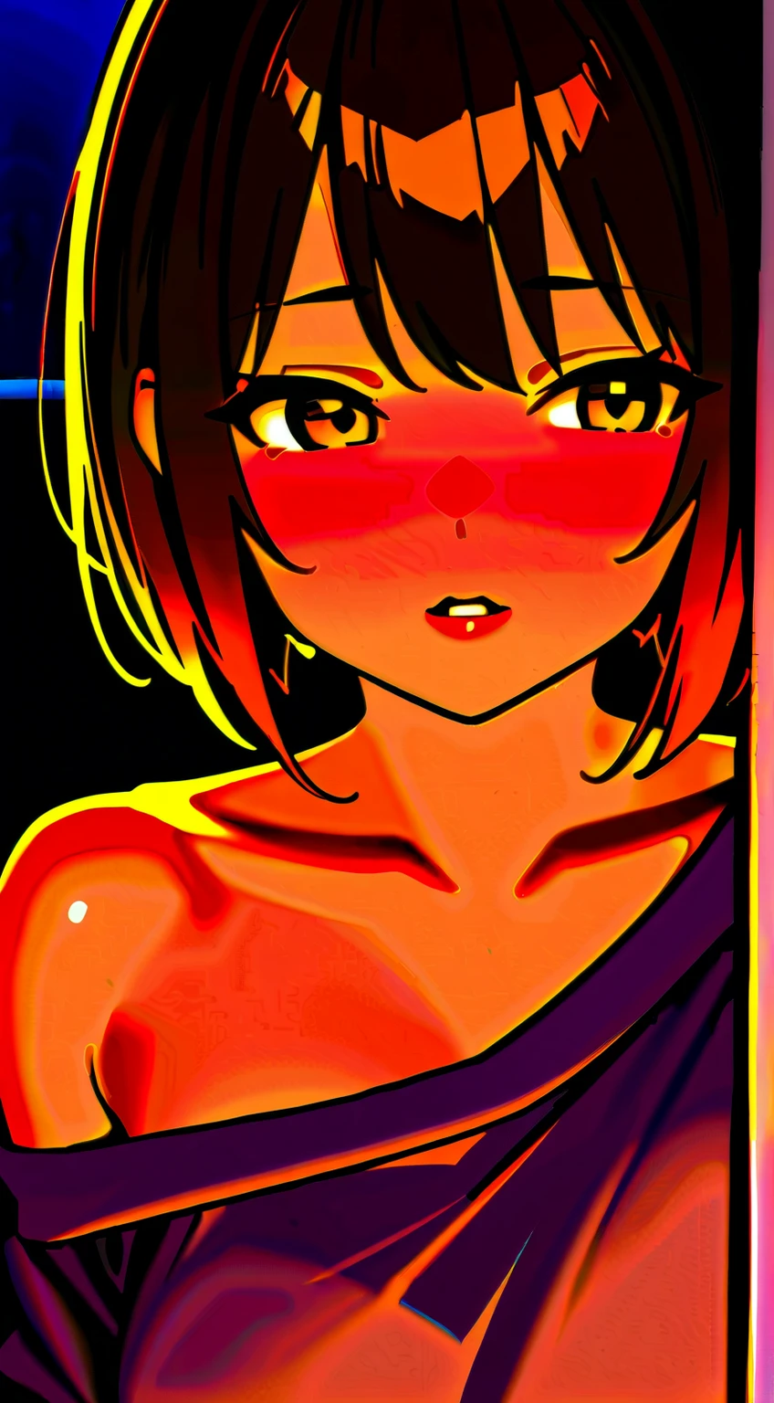 Woman with orange skin, , dark metallic light orange hair, medium breasts, beautiful legs, large eyes, cyberpunk background, short legs, extremely anxious, messy ponytail hair up, standing, Second plan, 1.55 tall, orange skin avatar style, big green eyes, abundant eyebrows, another girl the same but completely naked,