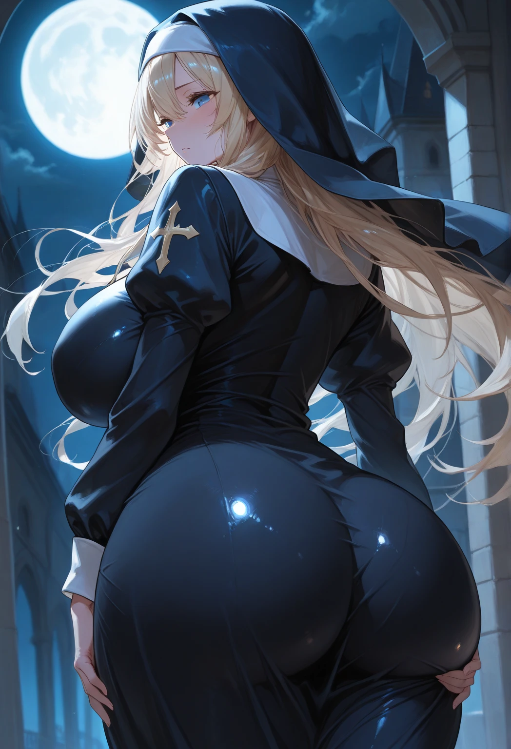 Black Magician Girl、, (( completely nude, breasts and genitals exposed, ultra detailed vagina)),T-back that digs into your butt、emphasis on the buttocks、Rear view、super breasts、thick thighs、blonde hair、magic circle、magic wand