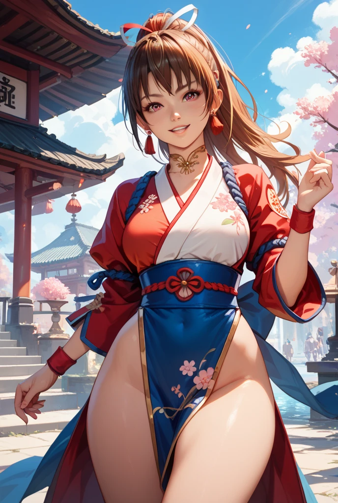 Very detailed, High resolution, Perfect dynamic composition, Beautiful attention to detail, Showing cleavage, Beautiful breasts, Ancient world, Flushed face, Dynamic pose, Natural Lip, Seductive udder, Off shoulder, Anime girl, Waist cape, Flare skirt,  Fantastic illumination, Underboob, Pampering gesture, Unknown language, Dancing in the Wind, high detail, masterpiece, accurate, anatomically correct, super detail, high quality, highres, award winning, UHD, 8k, The optimal ratio is four fingers to one thumb, Half naked, Gravure idol, Big Breasts, A mysterious place, A mysterious sky, Kimono