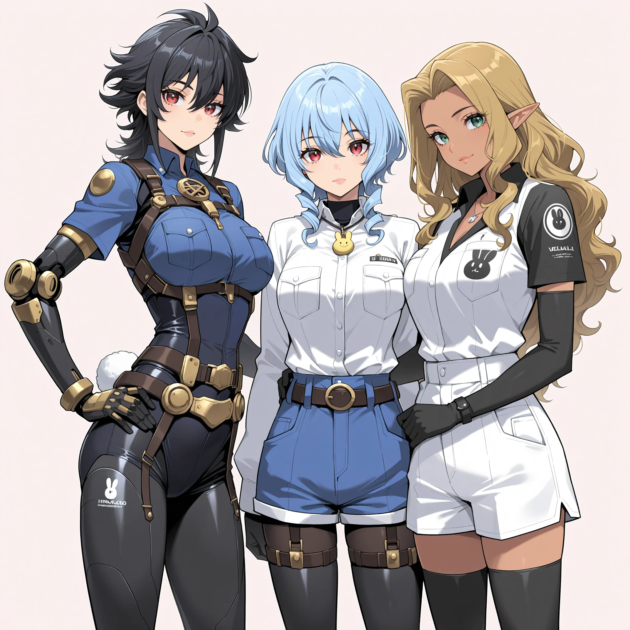 3 women, short hair, black hair yellow eyes pale skin muscular girl huge breasts jacket, holster, gun holster, bondage gear, choker, headband, pantyhose, two-tone harness, Ampla abertura, Baixo ISO, white balance, rule of thirds, 8K CRU,