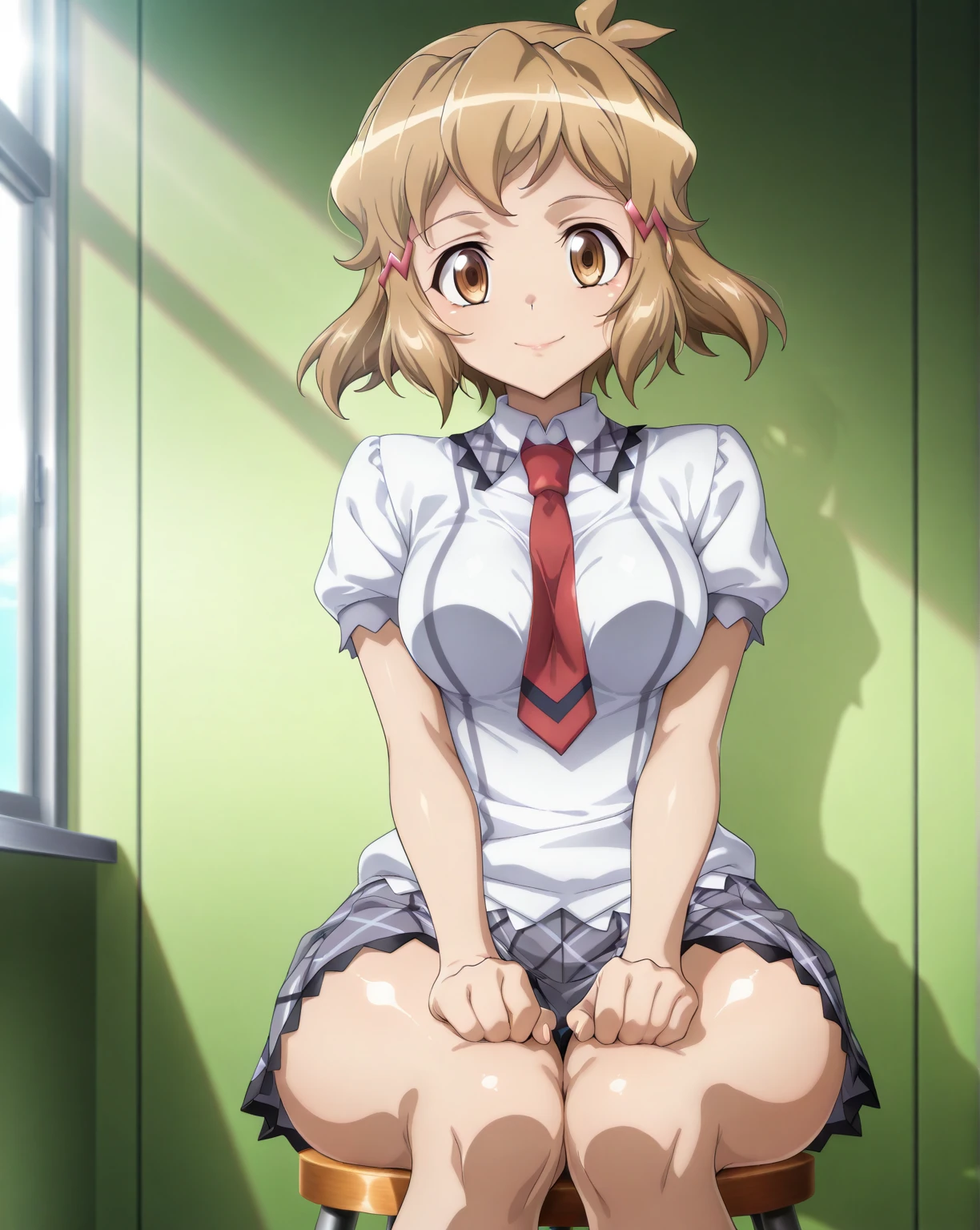blushed、（Female 1、Erotic、Japan school uniform、sit with curled under、checked skirt、White panties that cut into your thighs、pigeon-toed）、short-hair、full body Esbian、feminine breasts、ligh brown hair、(masutepiece, Best Quality）、 Shiny skin、(1girll: nase, Naughty blush, Sweat flows）