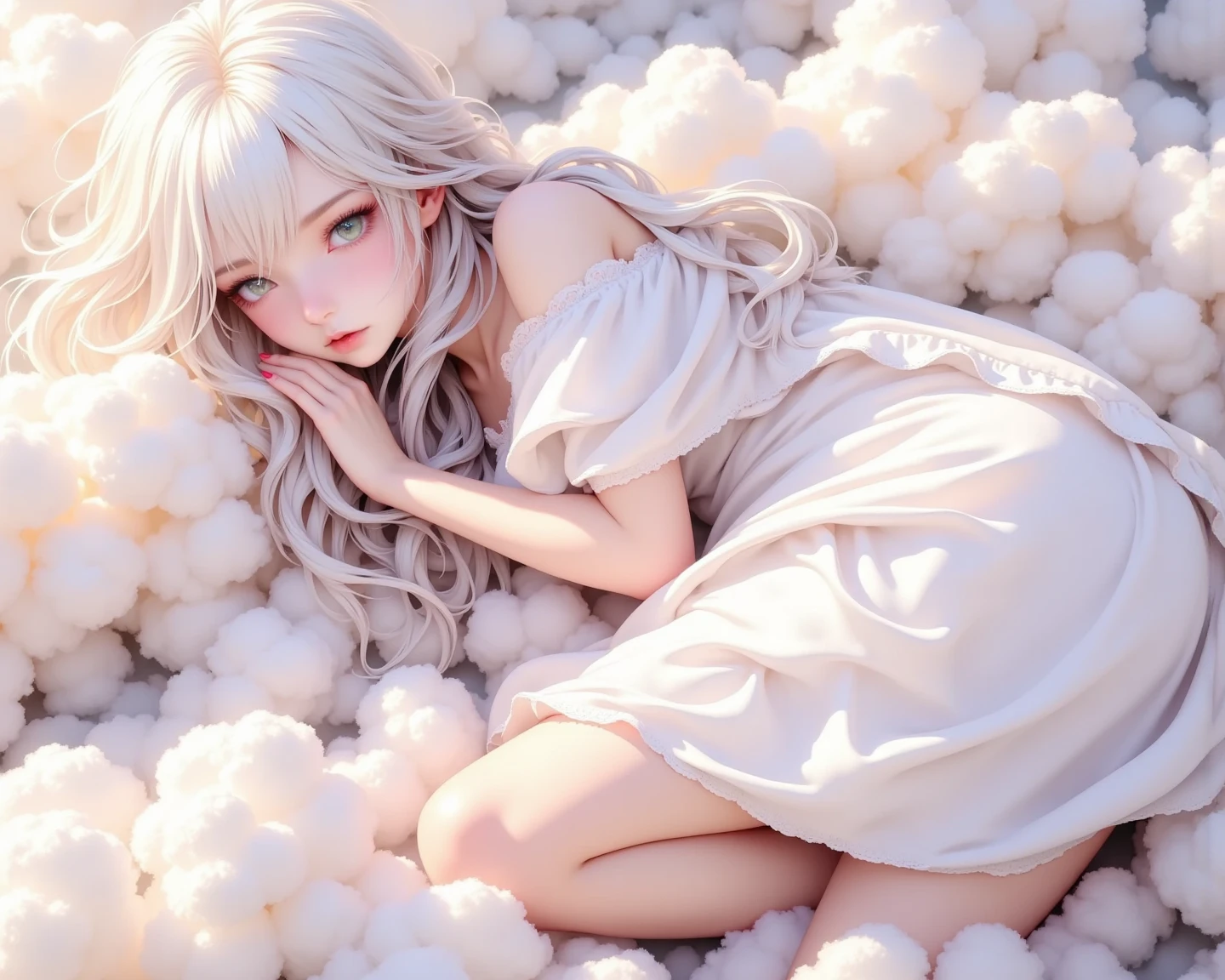 The white silk girl lying on your body has a very uncomfortable expression
