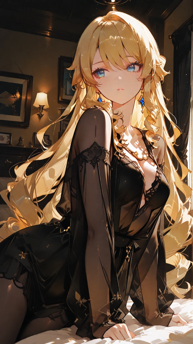 off shoulder dresasterpiece, best quality, high resolution, 1 girl, maid, mature beautiful woman, Super high resolution, black stockings, blue eyes, , long hair, Styled hair, Blonde hair, 