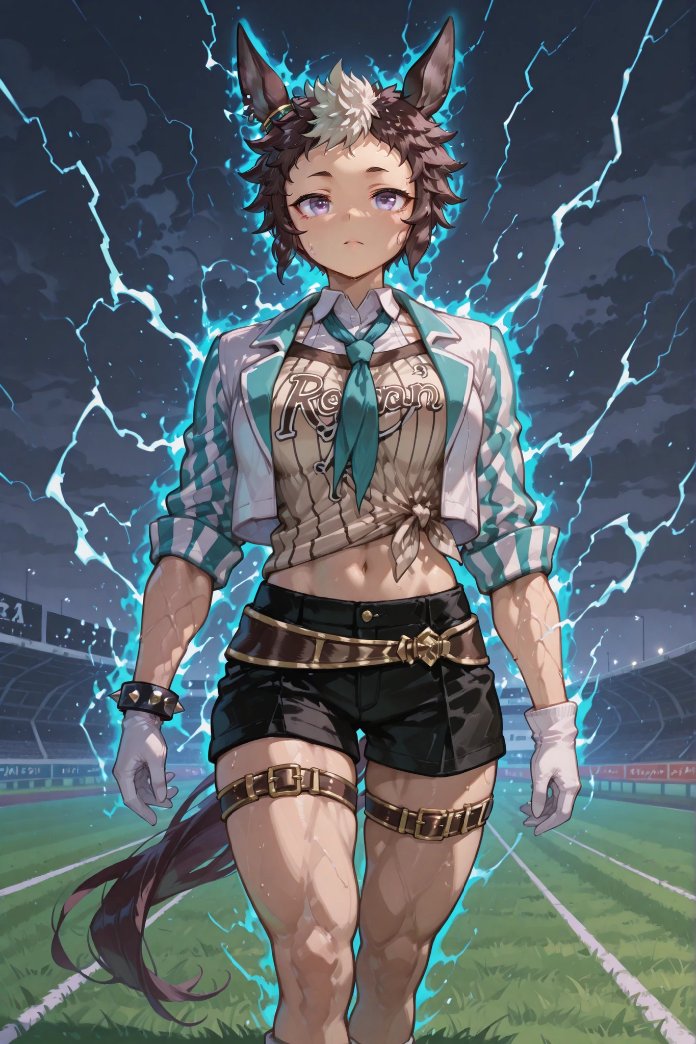 mejiro ryan (umamusume), two-tone jacket, white jacket, aqua jacket, cropped jacket, vertical-striped jacket, open jacket, sleeves rolled up, layered shirt, brown shirt, vertical-striped shirt, tied shirt, clothes writing, white shirt, collared shirt, aqua necktie, white gloves, black shorts, brown belt, thigh belt, spiked bracelet, midriff, navel, a cold condescending look, standing confidently on a grassy racetrack, surrounded by a blazing blue aura with swirling energy, dark stormy sky with a faint lightning glow, hair and outfit flowing in the wind, cinematic lighting, ultra-detailed, 4K resolution, Muscular legs that are thicker than the waist, yabuki, muscular female