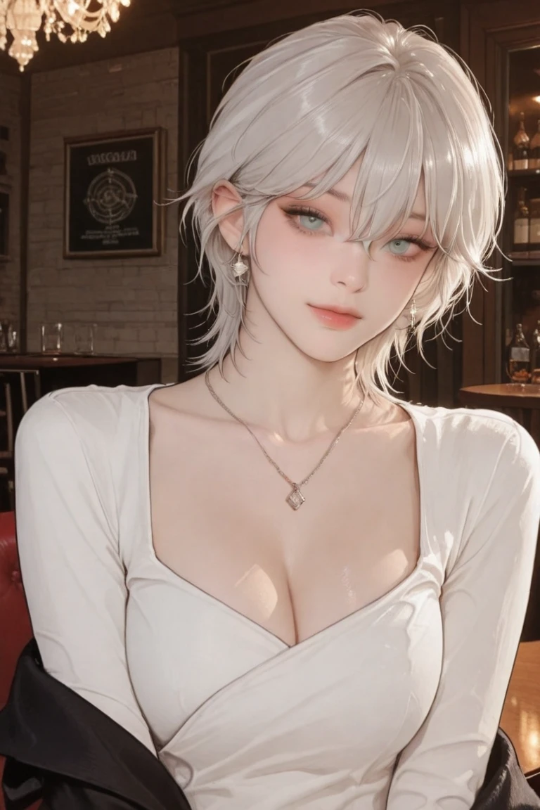 ((((masterpiece, best quality, high resolution)))), (1girl:1.5), ((short silky hair, white hair, purple eyes, sharp eyes)), (big breasts:1.2), (blushing), (cheeky smile, parted lips), glow, thighs, bare shoulders, collarbone, narrow waist, (slender body figure), (beautiful detailed face, beautiful detailed eyes), ((white Crop Top Overhang, jeans shorts)), (standing up), looking at viewer, bedroom, (cowboy shot)