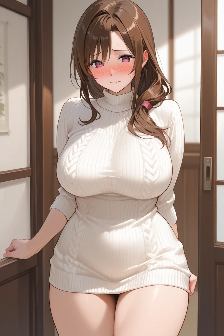Highest quality、One woman、Brown Hair、Wavy hairstyle、shoulder-length hair、side braid、Female, 34 years old、Married Woman、milf、Huge breasts:1.3、sagging breast:1.3、brown off-shoulder sweater、pantyhose