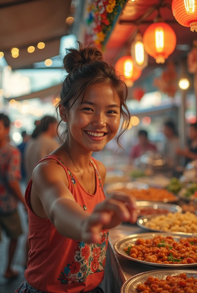 night market, dark sky raining, huge variety of thai foods on table, RAW photorealistic, young asian female girl, street vendor, cooking thai food, busy street market, wet messy hair pony tail, smiling, naked and topless, wet and sweaty, oily skin, choker, hands in the air