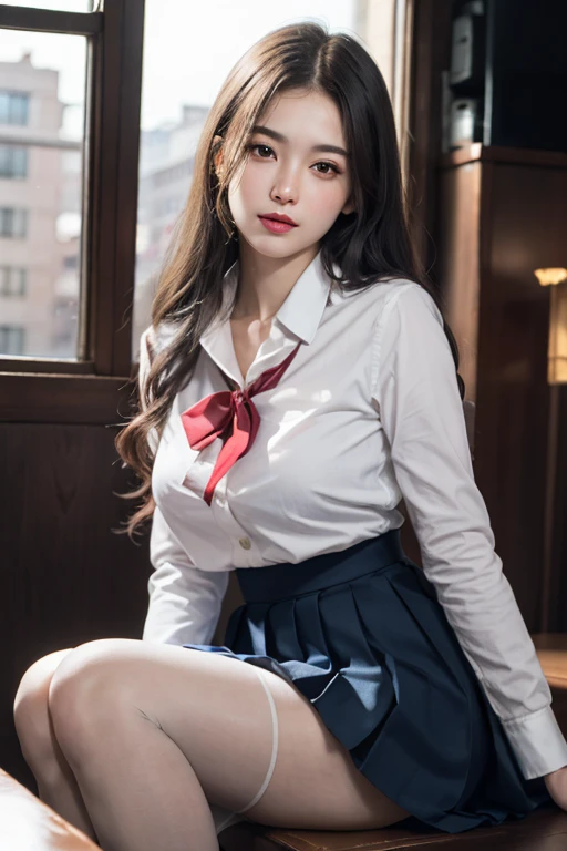(1 girl), highly detailed girl, solo, ((highly detailed face)), extremely detailed CG unified 8k wallpaper, highly detailed, raw color photos, professional photography, Realistic, (slender, cleavage:0.8), ((wearing school uniform with open chest:1.45)), (looking at viewer, embarrassed:1.6, ashamed:1.45, sleeping:1.2, close eyes:1.24, upturned eyes, flustered, open mouth), dark plaid pleated skirt, bedroom,(from above lying on her back, head on a pillow, spread open legs, highthigh, black stockings, cameltoe:0.8, full body)