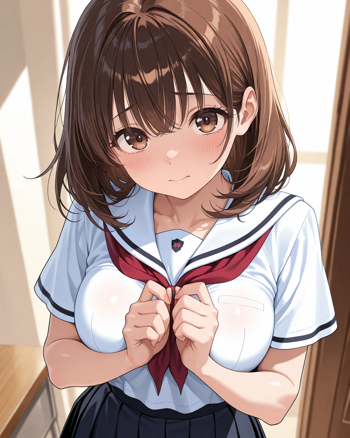 (((pixel perfect, detail perfect))), alone, 1 girl, Misaka Mikoto, tokiwadai , bow, looking at the viewer,, whole body、( Exposure、Nippleure、medium breasts))、smiwadai Junior High School Uniforms、white Panty,lie down on td