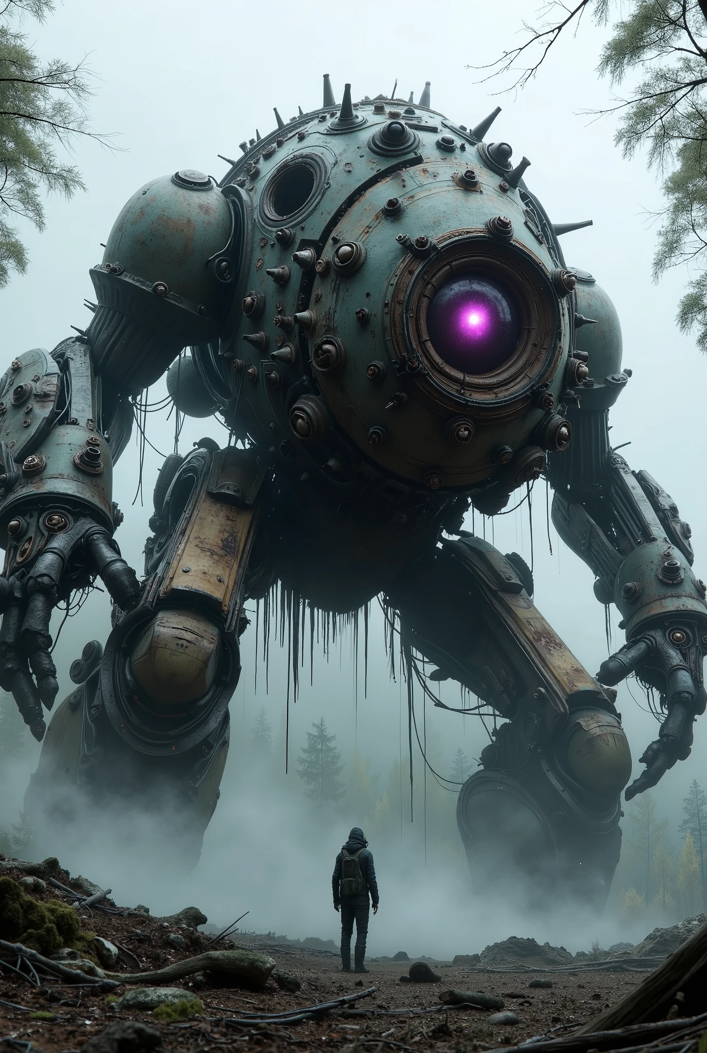 military robot like a tank、(1.5)、(An intimidating feeling like a chariot:1.5),(wacky, perverted, and bizarre design without a head:1.5),(the dark dark metallic body is rusted:1.5)、(Height50mRobot 1.tanding in the fog of the forest、(A robot with a very creepy atmosphere:1.5),(main body that can be seen3There is a large reactor that glows purple in the center of the:1.5)、heavy and intimidating robot、(wacky, perverted, and bizarre design without a head:1.5)、Extremely Huge Robot、A is looking up at the robot、(There are extremely organic parts:1.5),