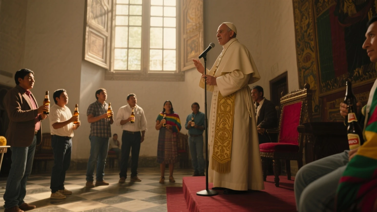 masterpiece, best quality, Pope Franciscus as DJ in headphones on background dancing kardinals and nons