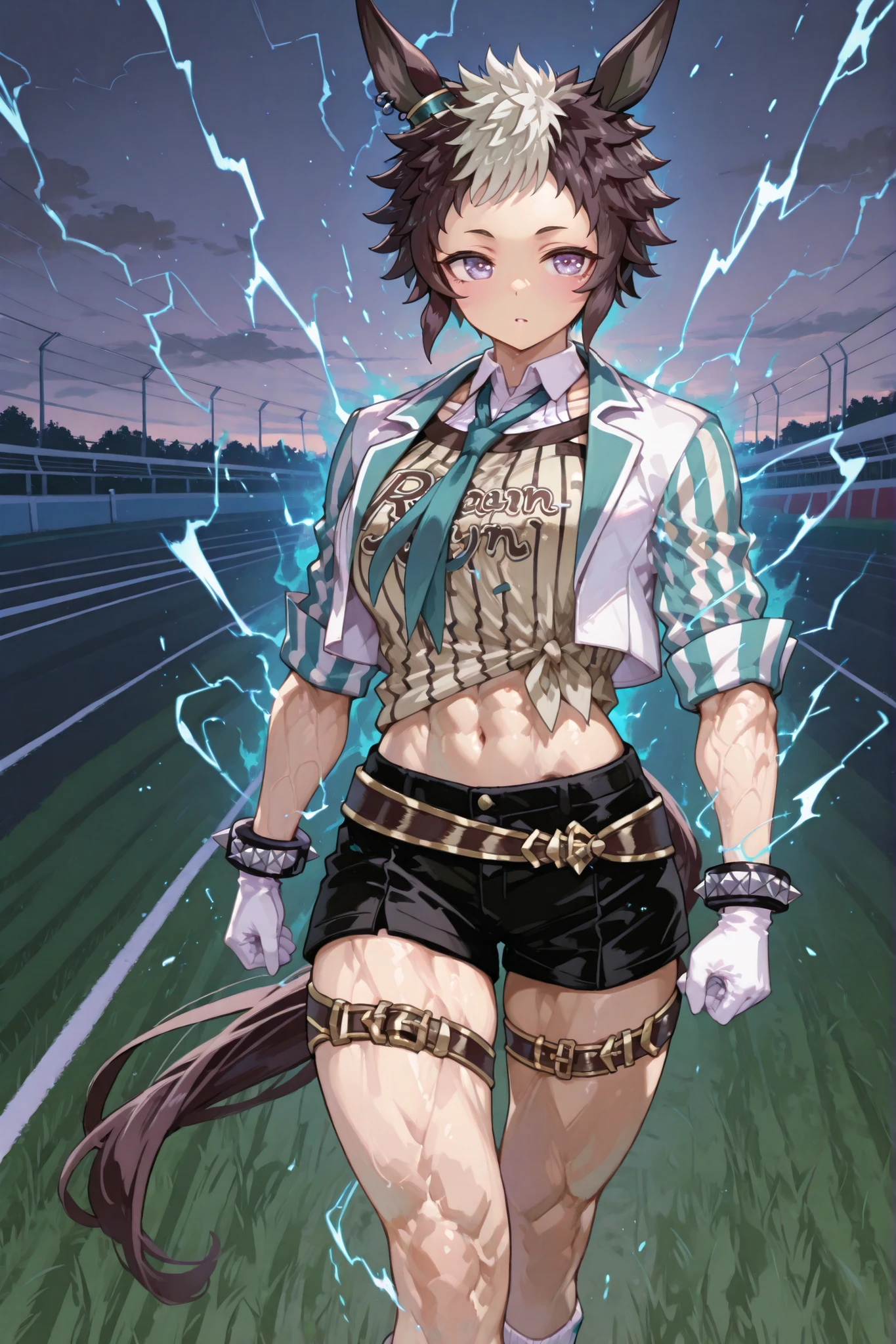 mejiro ryan (umamusume), two-tone jacket, white jacket, aqua jacket, cropped jacket, vertical-striped jacket, open jacket, sleeves rolled up, layered shirt, brown shirt, vertical-striped shirt, tied shirt, clothes writing, white shirt, collared shirt, aqua necktie, white gloves, black shorts, brown belt, thigh belt, spiked bracelet, midriff, navel, a cold condescending look, standing confidently on a grassy racetrack, surrounded by a blazing blue aura with swirling energy, dark stormy sky with a faint lightning glow, hair and outfit flowing in the wind, cinematic lighting, ultra-detailed, 4K resolution, Muscular legs that are thicker than the waist, yabuki, muscular female