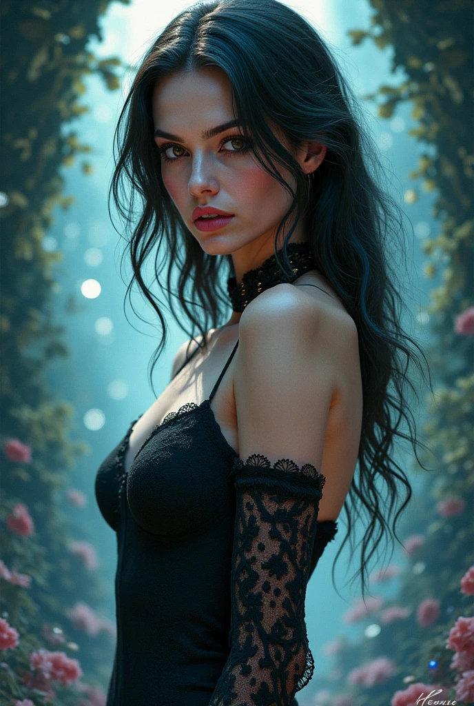 "(((obra-prima))), melhor qualidade, ultra-detallhado, High resolution CG image with a beautiful woman with black black hair with bright violet eyes, retratados em detalhes fascinantes. His delicate body is accurately represented at every angle. Ela possui longos cabelos pretos que caem suavemente sobre seu vestido da era vitoriana. The upper part of his body is sculpted to perfection. "