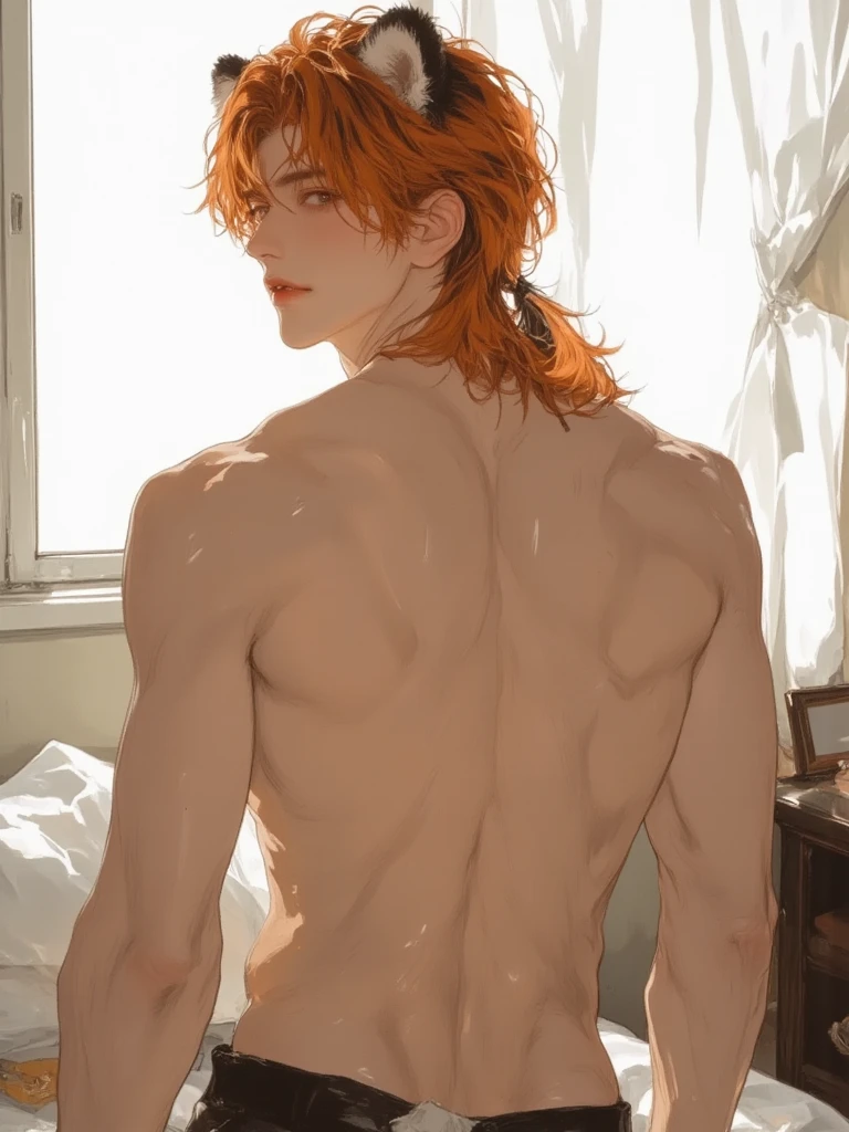anime - style image of a man sitting on a stool in a kitchen, orange - haired anime boy, with his back turned, by Shitao, zerochan, zerochan art, at pixiv, his back is turned, bare back, (sfw) safe for work, top rated on pixiv, handsome anime pose, late morning, pixiv