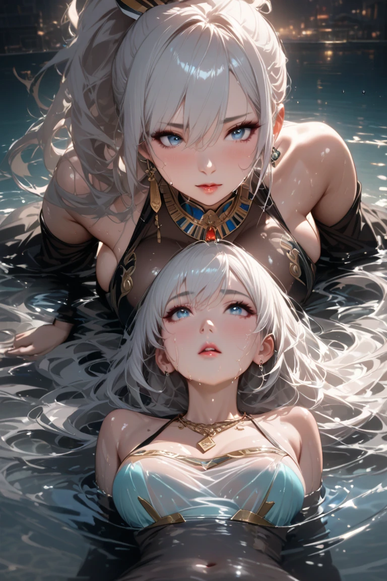 (A hyper-realistic), (illustratio), (hight resolution), (8K), (ighly detailed), (The best illustrations), (beatiful detailed eyes), (top-quality), (ultra-detailliert),Two mature eves cuddling in the fountain of paradise、Nothing is worn、Naked、Wet white skin、Blonde and silver-haired woman、full of sweat、Perfect body、large full breasts、Glamorous、Staring at the viewer、long legged、A sexy、 Smile faintly、Raised areola、Beautiful pubic hair、perfect bodies、(NSFW:1.5)、Water droplets are glowing、