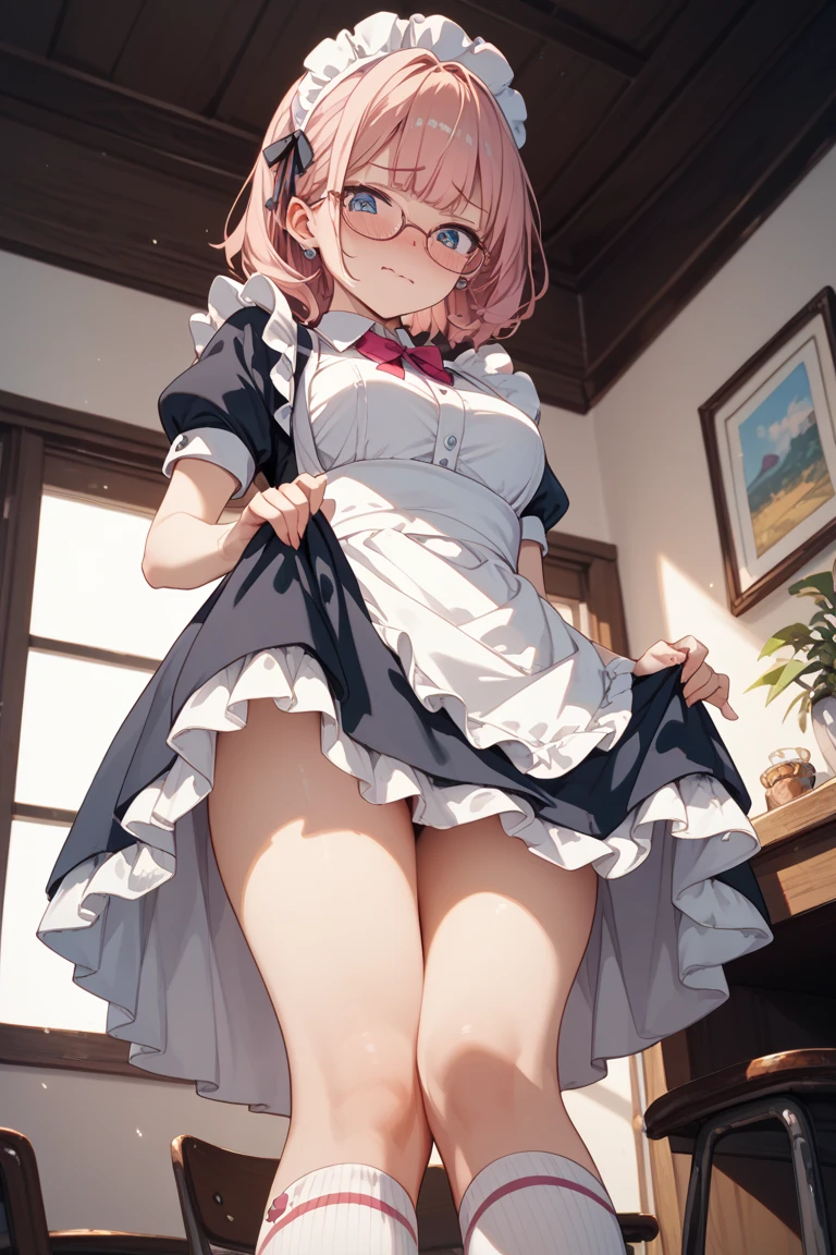 1girl, maid, blush, skirt lift, frilled ,