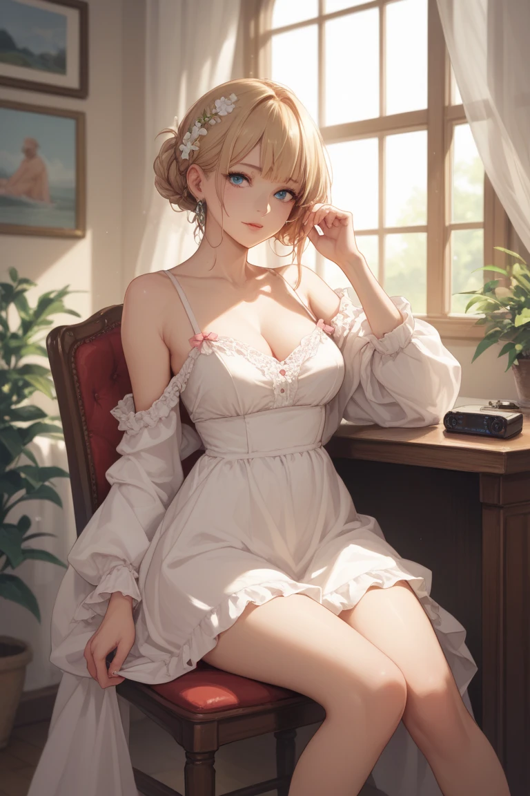 masterpiece, yor, 1girl, Bust A Cup, Amazing Cleavage:1.0, thin waist, big ass, Raised sexy, big breast: 1.2 posed cleavage:1.2、solo, looking at viewer, open mouth, black hair, red eyes, dress, bare shoulders, jewelry, collarbone, sidelocks, hairband, earrings, indoors, off shoulder, :o, sweater, arms behind back, plant, short hair with long locks, white hairband, off-shoulder dress, sweater dress, off-shoulder sweater, red sweater, big side hair, very long side hair,is rendered in (masterpiece: 1.2, best quality), with (ultra high resolution) and an exquisite (depth of field). This masterpiece is not only visually stunning but also tells