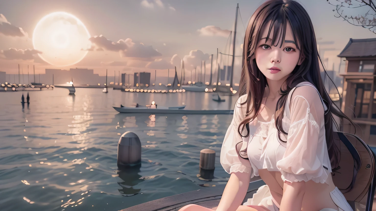 (Surreal)、(hight resolution)、(8K)、 (ighly detailed)、(Ultra clear skin pores)、(top-quality、masterpiece:1.3)、Beautiful girl in a white dress、1womanl、full body Esbian、Ultra mini skirt、Shoulders are sticking out、Green eyes、Smaller chest、Small butt、natta、starrysky、shooting stars、Stroll along the sandy beach、Blue Sea、Far Horizon、Distant islands々、Into the cloud、Mid summer、
