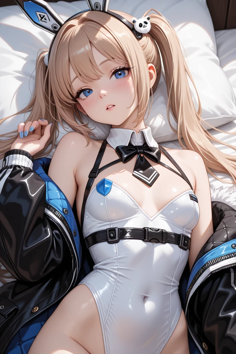 ((masterpiece)), Highest quality, Very detailed,(One Girl),Yuki Asuna、Asuna (Stay),  Exposing shoulders, chest当て, armor, Removable sleeves, gloves, white gloves, dress, white dress, Long Hair,Beautiful background ,clothing,  chest, Bent body,Lie in, Look to the side, Hot body、Sweaty、