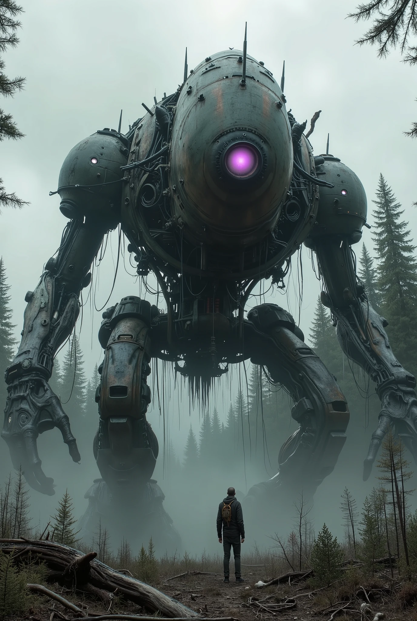 military robot like a tank、(1.5)、(An intimidating feeling like a chariot:1.5),(wacky, perverted, and bizarre design without a head:1.5),(the dark dark metallic body is rusted:1.5)、(Height50mRobot 1.tanding in the fog of the forest、(A robot with a very creepy atmosphere:1.5),(main body that can be seen3There is a large reactor that glows purple in the center of the:1.5)、heavy and intimidating robot、(wacky, perverted, and bizarre design without a head:1.5)、Extremely Huge Robot、A is looking up at the robot、(There are extremely organic parts:1.5),