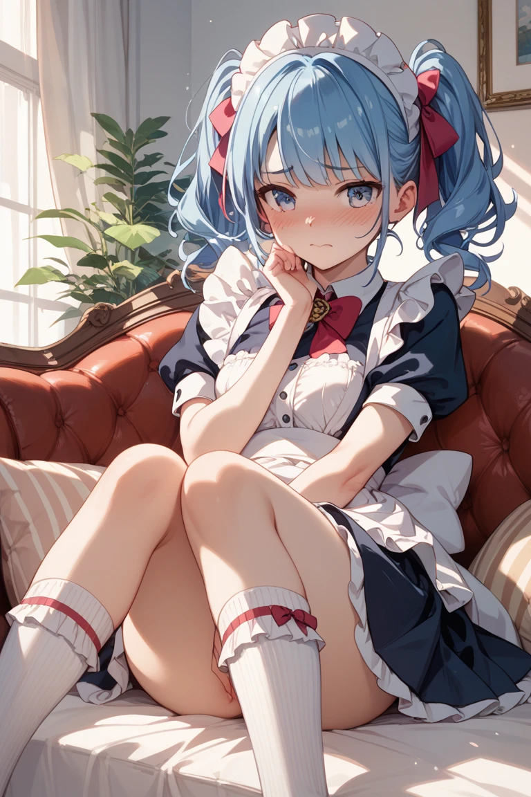 Marina Anchors is a fair skinned girl with carnation pink cheeks and the typical black eyes. She has sky blue hair worn in curled, ringlet pigtails held with scarlet red ribbons and she has a tuft of slightly curved bangs in the center.
She wears a scarlet red and white striped top with indigo puffed sleeves, a big crimson red bow at her neck, and four gold buttons on the front. She also wears a royal blue pleated silk skirt with a white stripe and white bloomers underneath. On her feet are white socks below the knee and ice blue tennis shoes with white laces and toes. SPARKLE; GLITTER