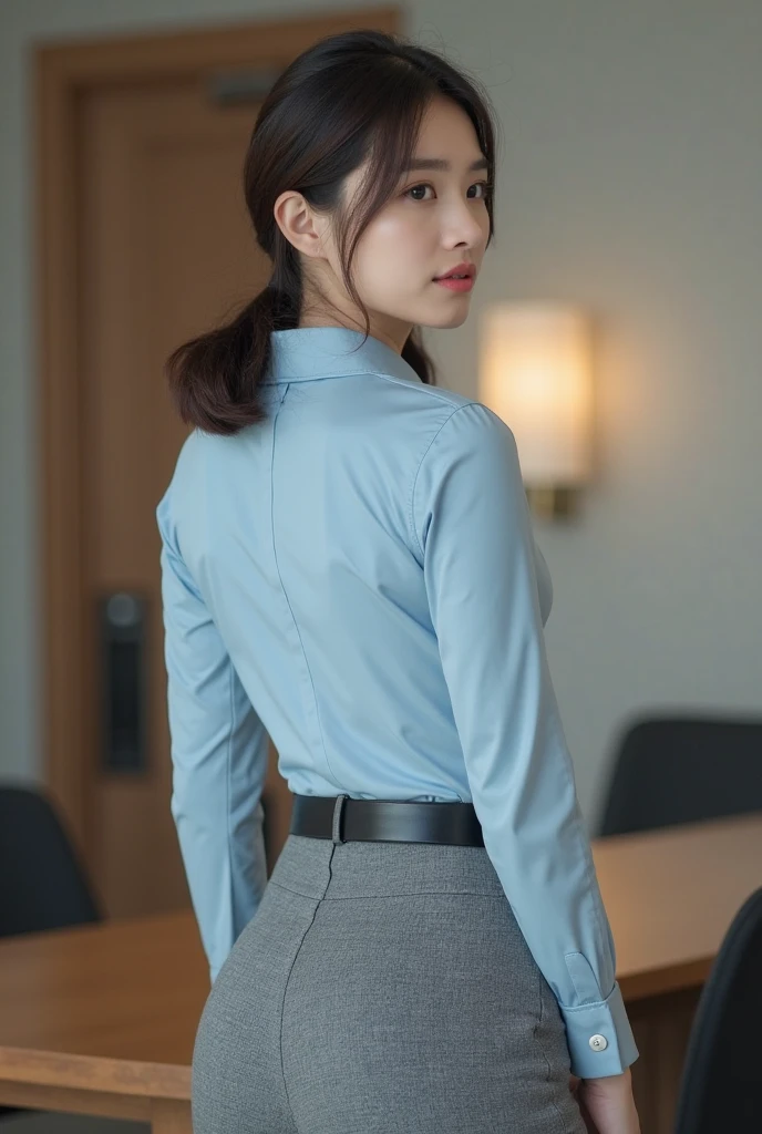 woman has her hands tied、sibari、Hands behind back、Hands crossed at the waist、Both wrists are tied with rope、Beauty、20talent、Wearing a short-sleeved blouse、Wearing a skirt、Inside the hotel room、Standing in front of a wall、Uniform eyes、Well-proportioned、Medium build、Small Bust、, black hair, straight hair, earrings, sad, Surrealism, cinematic lighting, tachi-e, first-person view, from behind, f/1.2, Nikon, from behind, UHD, anatomically correct, best quality, highres