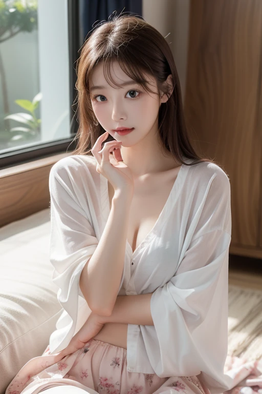 Western-style room, bedroom, fluffy bed, waking up, getting up , Highest quality, shape, Very detailed, In detail, High resolution, 8k wallpaper, Perfect dynamic composition, Beautiful details, Natural Lip, Cute pajamas, Big Breasts, Cleavage, She is smiling in a cute pose.., A masterpiece of the whole body, Full Body Shot