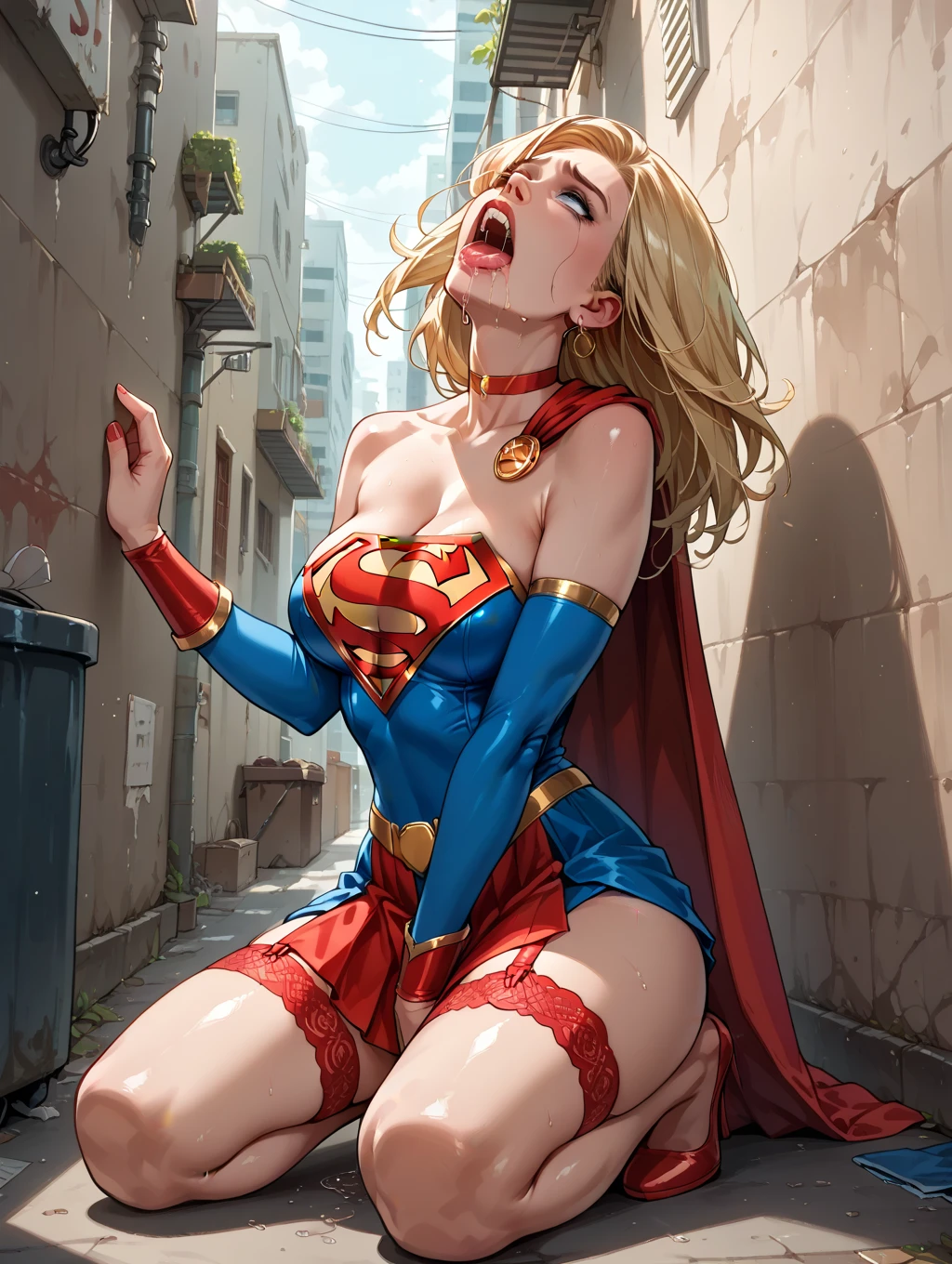 (((SUPERHEROINE SUPERGIRL roupas rasgadas, roupas esfarrapadas,esta vestindo lingerie rendada, calcinha rendada, She is barefoot))), (((She is handcuffed in the seat of the police car, arrested))), ((Ela foi estuprada)), (SUPERGIRL is squatting, acuada contra as paredes), (Ela is crying a lot, ela tem cabelo LOIRO, ela tem cabelo longo)), ((Ela wears a thick metal necklace around her neck.)), (obra-prima, melhor qualidade) 1.5, 1 garota, sozinho, (sensual, mulher bonita, rosto perfeito, olhos perfeitos), corpo inteiro, tears running down your face)), ((SUPERGIRL em cativeiro, arms tied behind the back, Shibari, Hands tied behind the back,painful restraint by ropes)