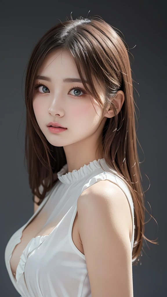 Top quality, realistic, perfect human body structure, very detailed, very delicate and beautiful, RAW photography, night cityscape, professional lighting, face lighting, depth of field, single focal, full body photo, 13 year old woman, brown hair, brown eyes, small head, ((big)), baby face, fashion girl, beautiful eyes, real face, real skin, real face, realistic skin, detailed eyes, (fashionable hairstyle: 1.3), Sexy pose, viewer, looking at detailed face and breasts, middle school student