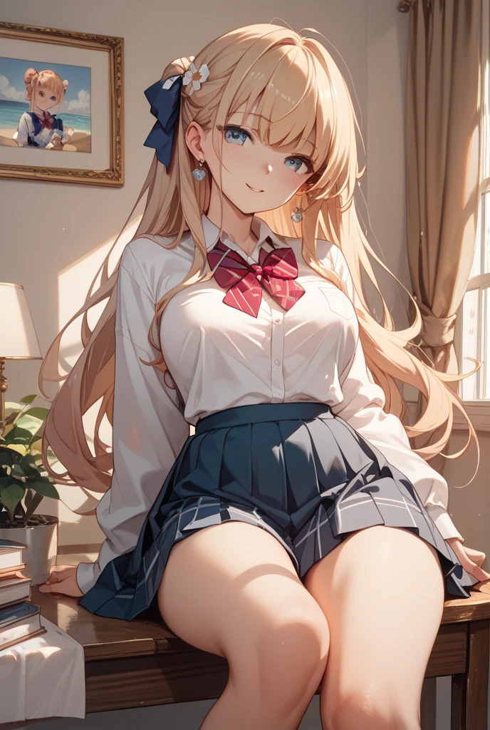 1girl in, (Ultra-high image quality,masutepiece:1.2), spread legswide,plaid skirts,School uniform,White panties,Smiling,On the socks of lack of sleep:1.4),8K