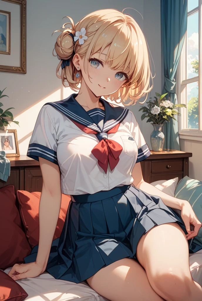 (Masseter muscle part、highest quality、In 8K、32K、masterpiece、nffsw、Super high resolution、Impressionism、Photoreal:1.2)、cowboy shot、sharp focus、detailed face and eyes、beautiful face、shiny skin、sharp pupils、realistic student、beautiful face、blurred background、18 year old beautiful girl、big bust、shiny skin、side shot、、side light、dull bangs、Braid、bronze hair、sailor suit、dark blue pleated skirt、(in house、bed、tending to、I buried my face in the pillow、right hand under the pillow、Are sleeping:1.3)、(skirt roll up:1.4)、buttocks、thighs thighs thighs、Watery eye、troubled face、Open your mouth small、I need to hurry、